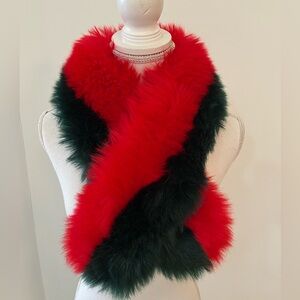 Vibrant Red and Dark Green Fluffy Faux Fur Scarf